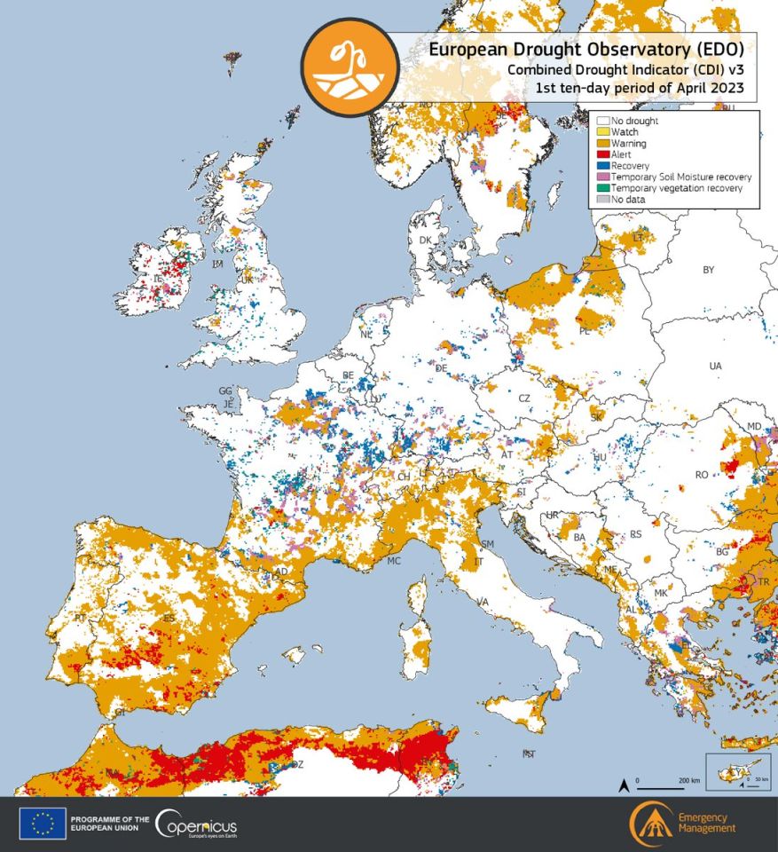 carte de la sécheresse en Europe début avril 2023