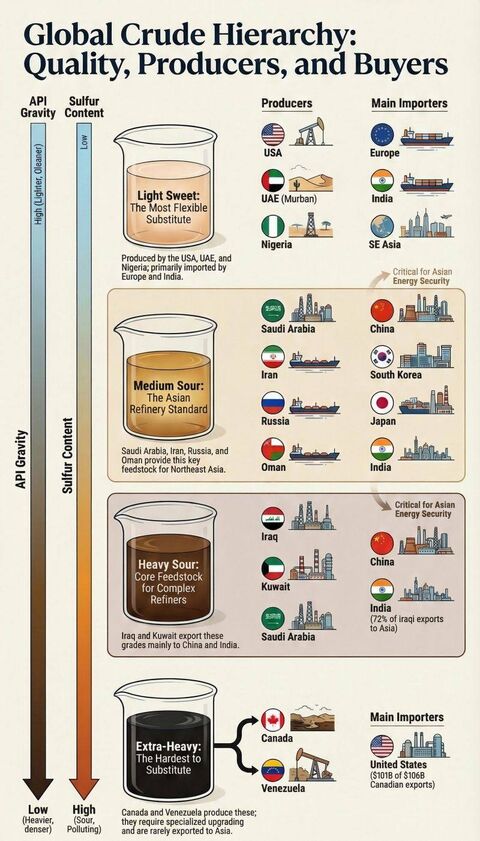 les diff&eacute;rentes qualit&eacute;s de p&eacute;trole producteurs consommateurs